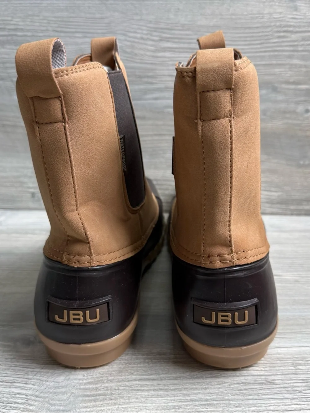 JBU men’s Tan and Dark Brown Duck Boot Chelsea Boots size 13